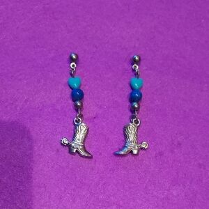 Silver Boot Dangle Earrings with Blue Beads